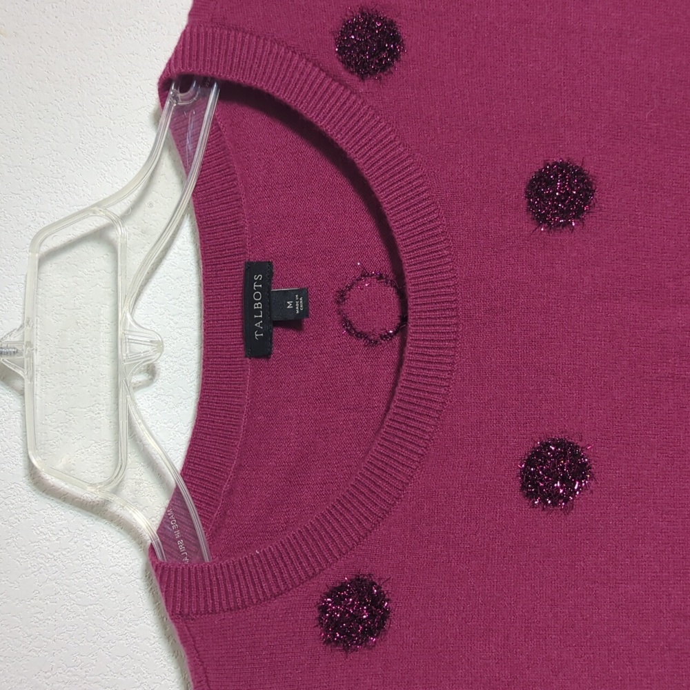 Talbots Womens Sweater Tinsel Dot Magenta Pink‎ Metallic Crew Lambs Wool Medium - Picture 3 of 9